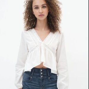 ❤️3X20 Women Long Sleeve Embroidered Deep V-Neck Boho Babydoll Almond Top | S